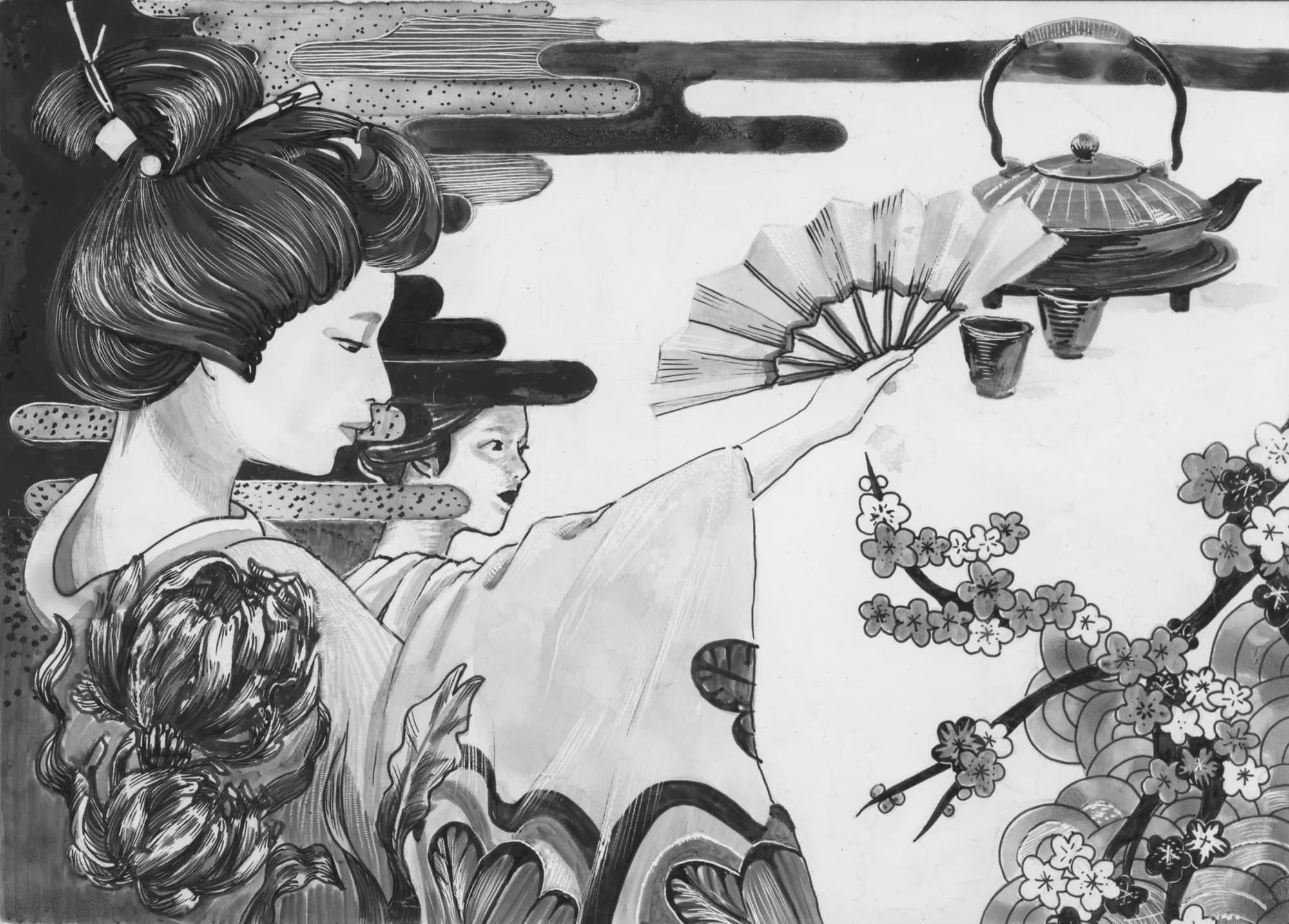 Geisha Memoirs — fan, teapot, and blossom rendered in high-contrast ink.