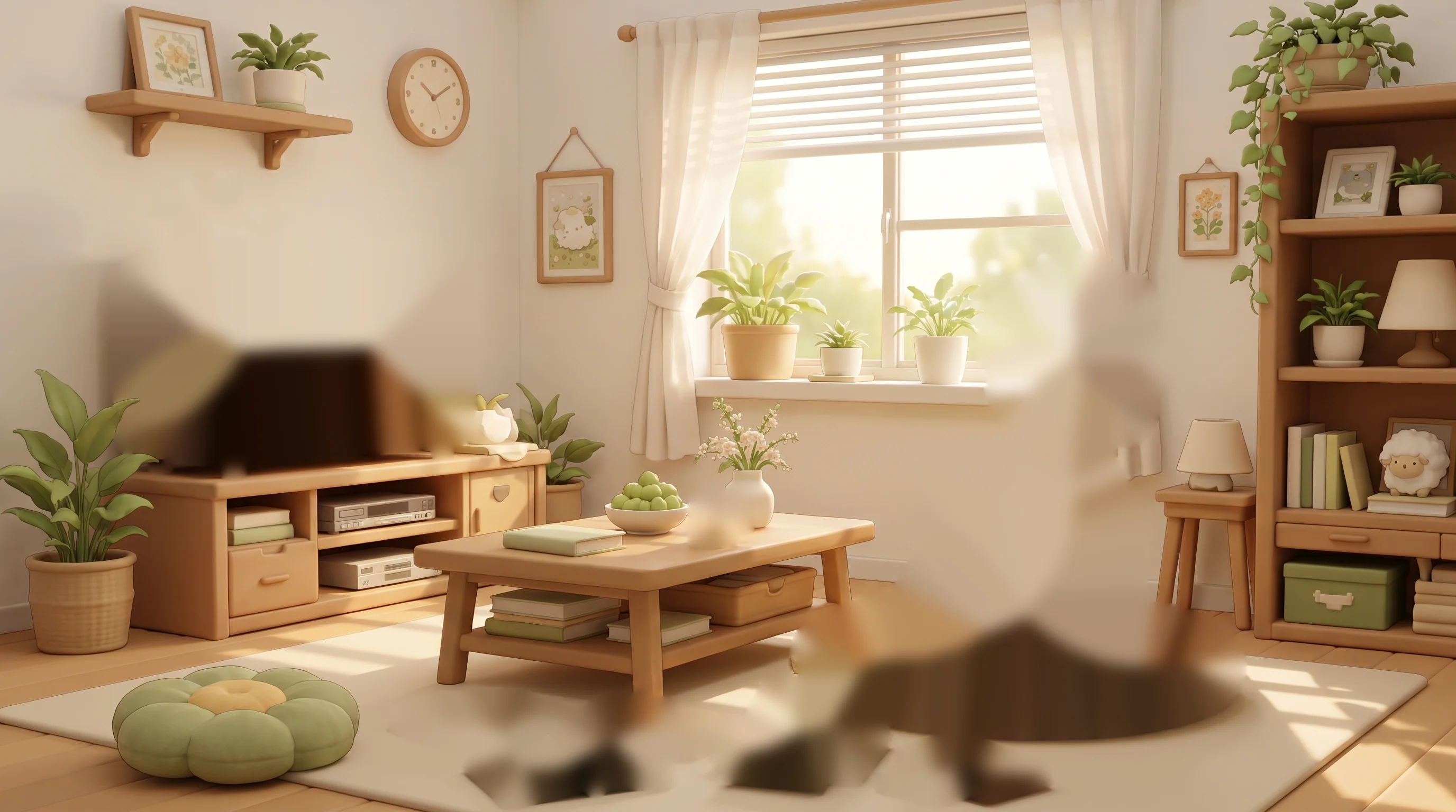 A sunlit room with a retro television, a low table, a floor cushion and books across the rug.